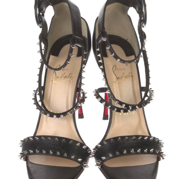CHRISTIAN LOUBOUTIN Choca Spikes 100 Black Leather Sandals Size 7 IT 37 - Picture 4 of 11